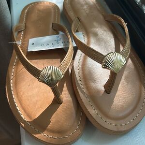 Calypso St. Barth Tan Sandals with Gold Shell Accent